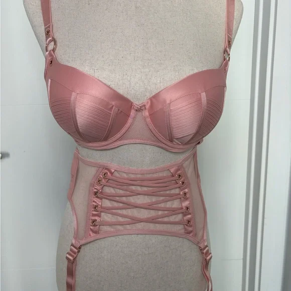 Honey Birdette Jerry Bra, Brief, and garter Blush Pink Bra Full Set - Picture 6 of 12
